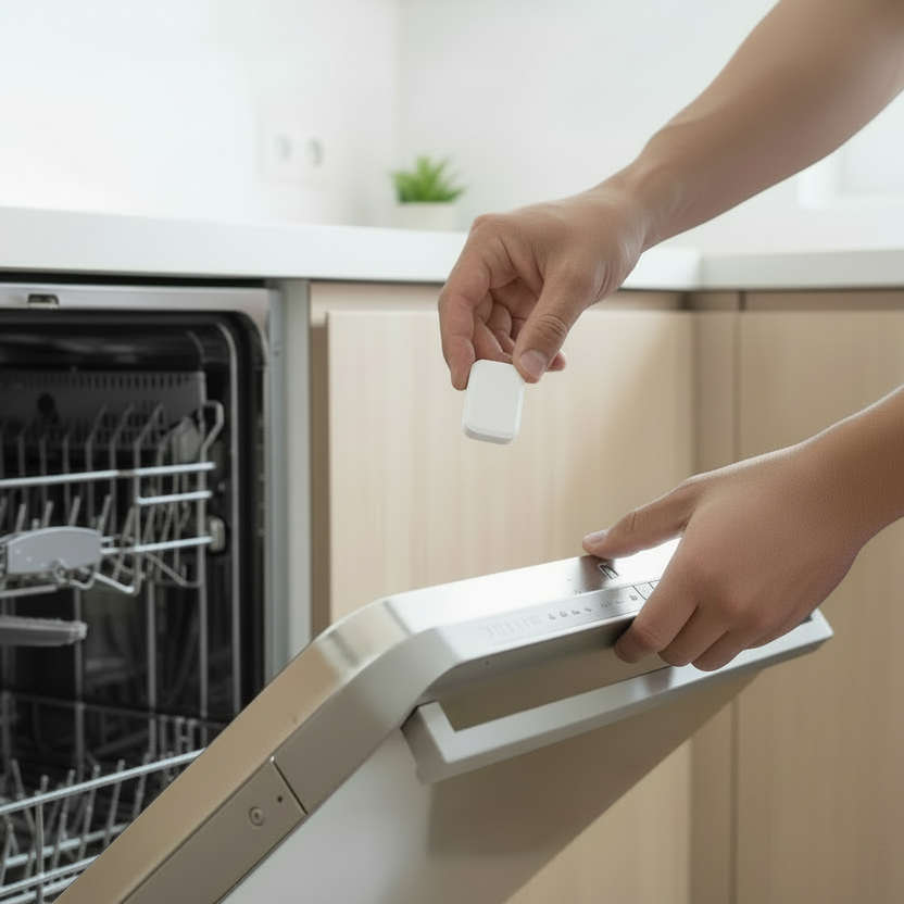 Homem a colocar pastilha na máquina da louça