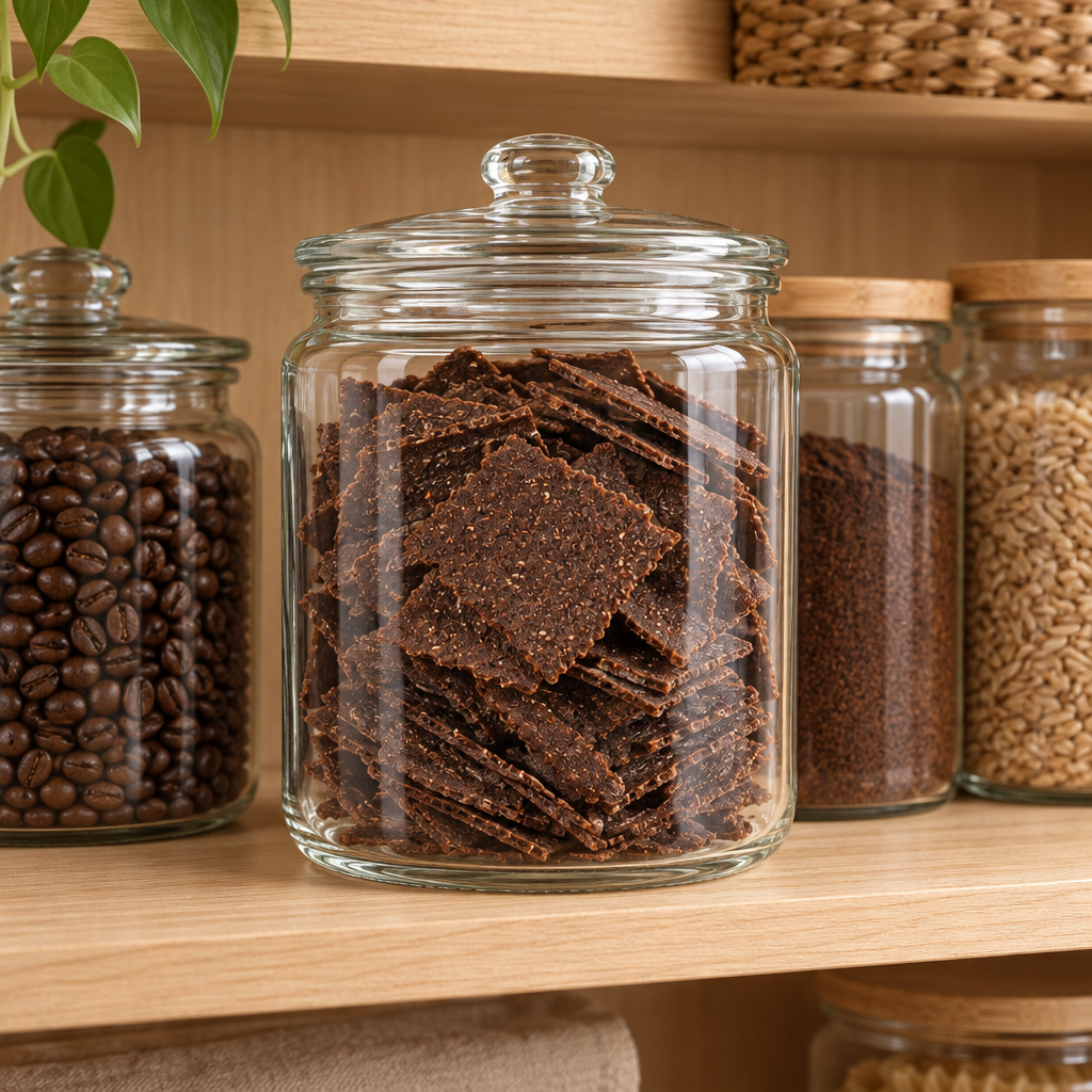 Bolachas num frasco na despensa junto de café e arroz integral
