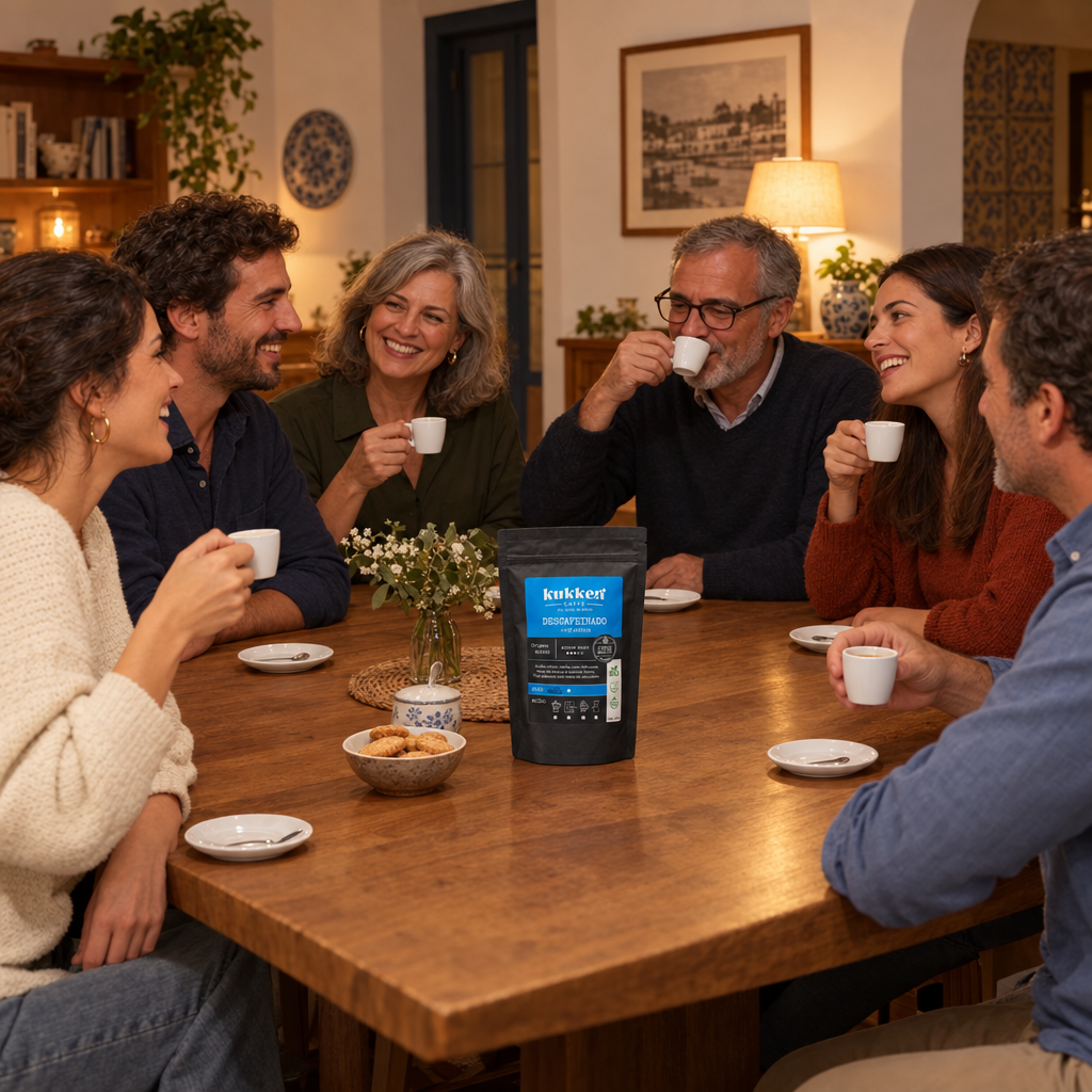 Seis pessoas à mesa de jantar a beber café