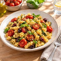 Fusilli numa mesa mediterrânica